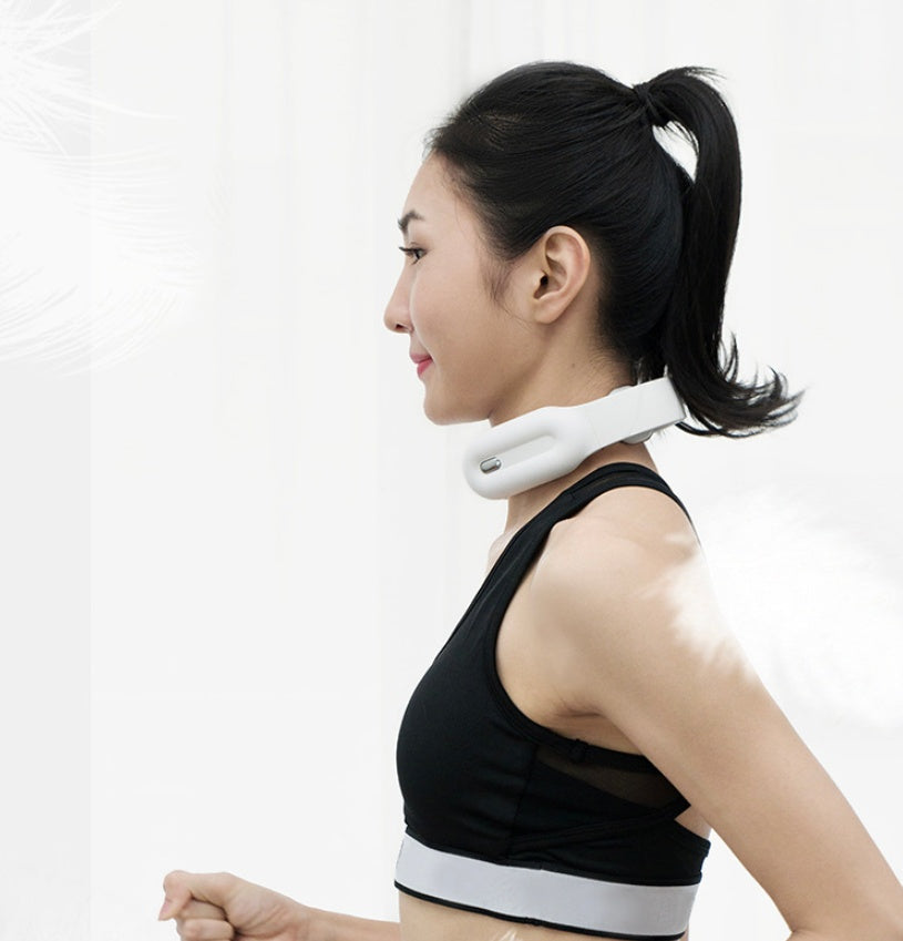 Woman walking with cordless 4D Neck Massager - portable pain relief